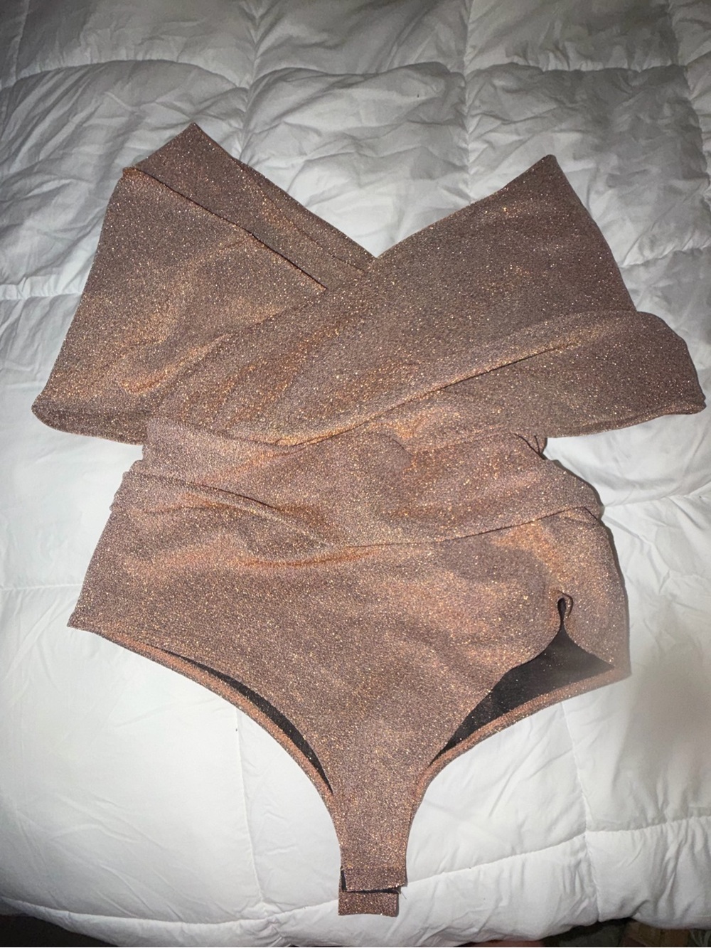 Fashion Nova Off-Shoulder Sparkle Bodysuit in Brown - Picture 3 of 7